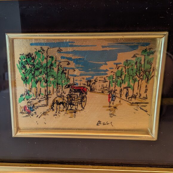 Vintage Italian Gold Leaf Picture on Street with Horse and Carriage - Picture 2 of 7